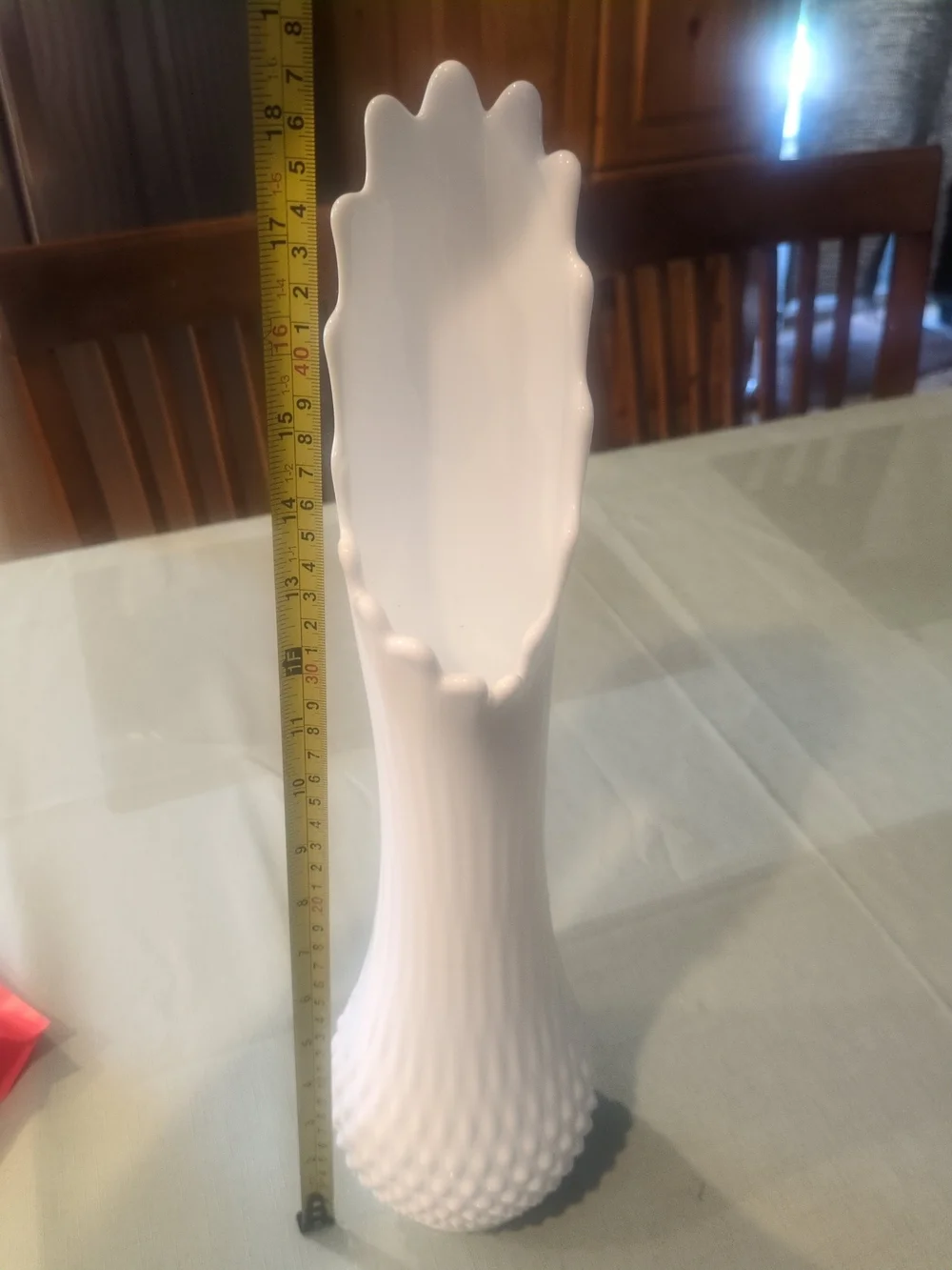 Vintage Fenton hobnail milk glass swung vase. 18